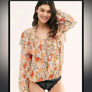 Free People Intimately Say It To Me Bodysuit Long Sleeve Orange Floral XS